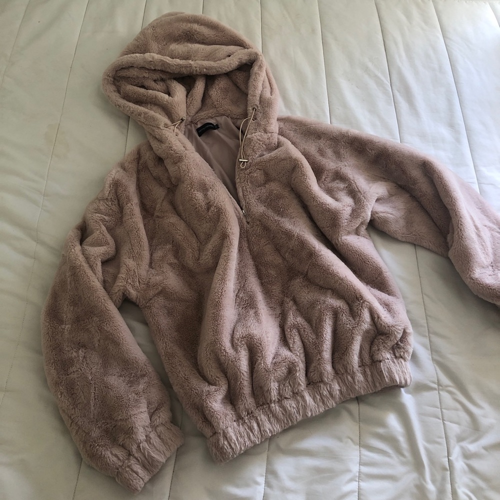 Pink faux fur hooded bomber